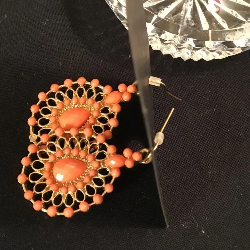 Orange and Goldtone Pierced Earrings